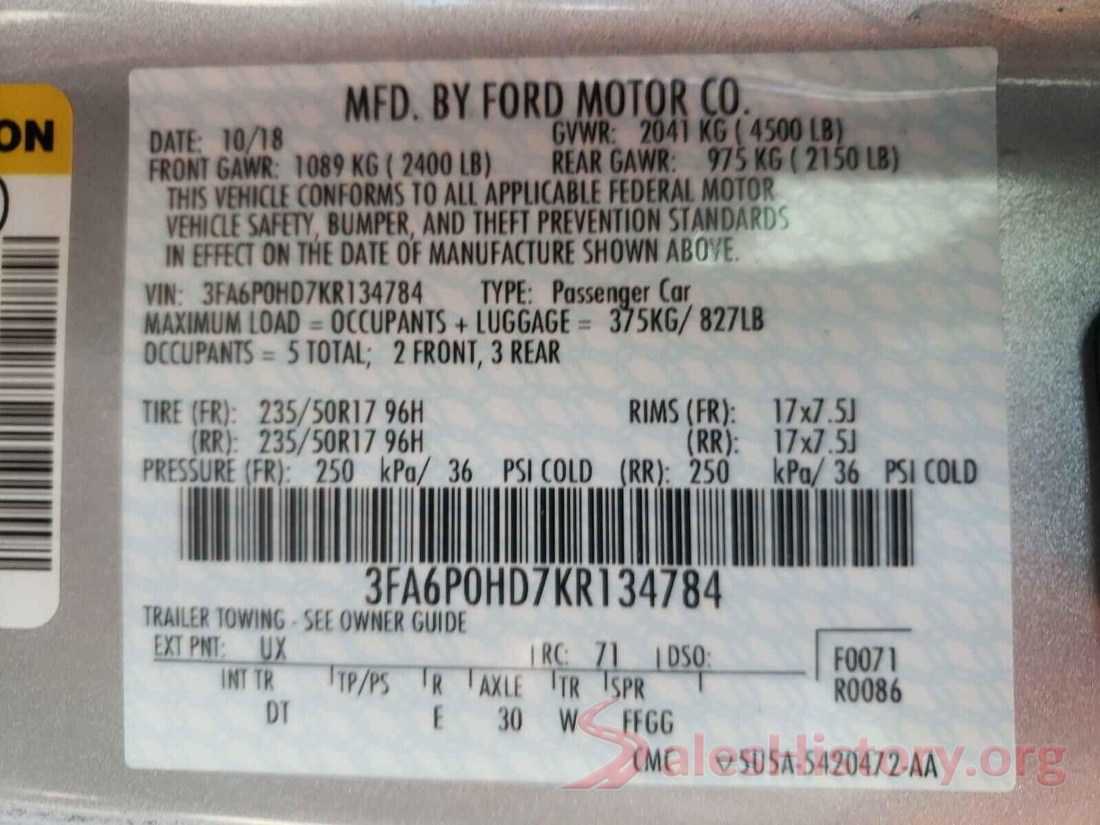 3FA6P0HD7KR134784 2019 FORD FUSION