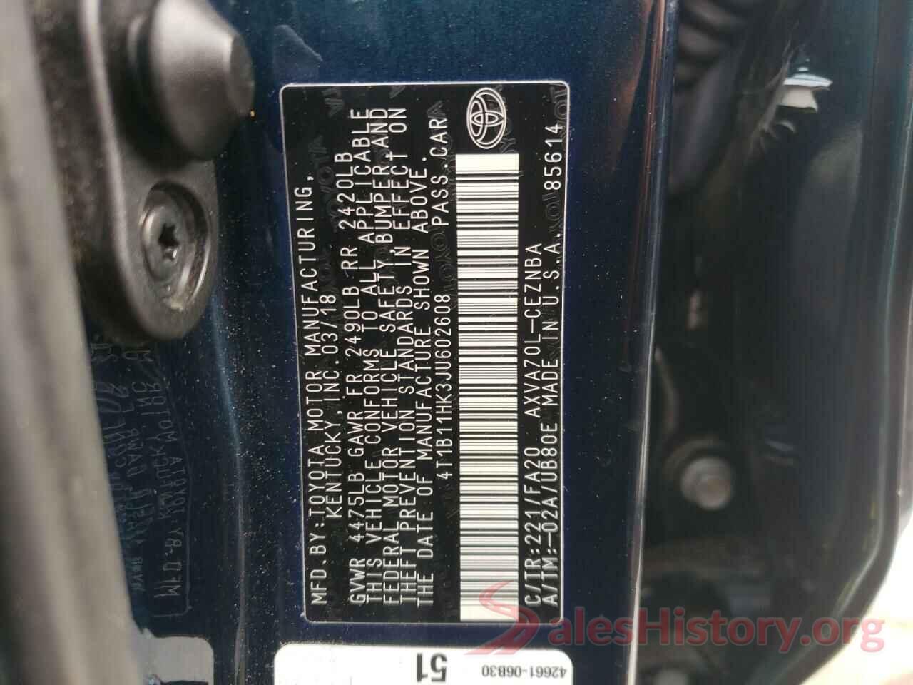 4T1B11HK3JU602608 2018 TOYOTA CAMRY