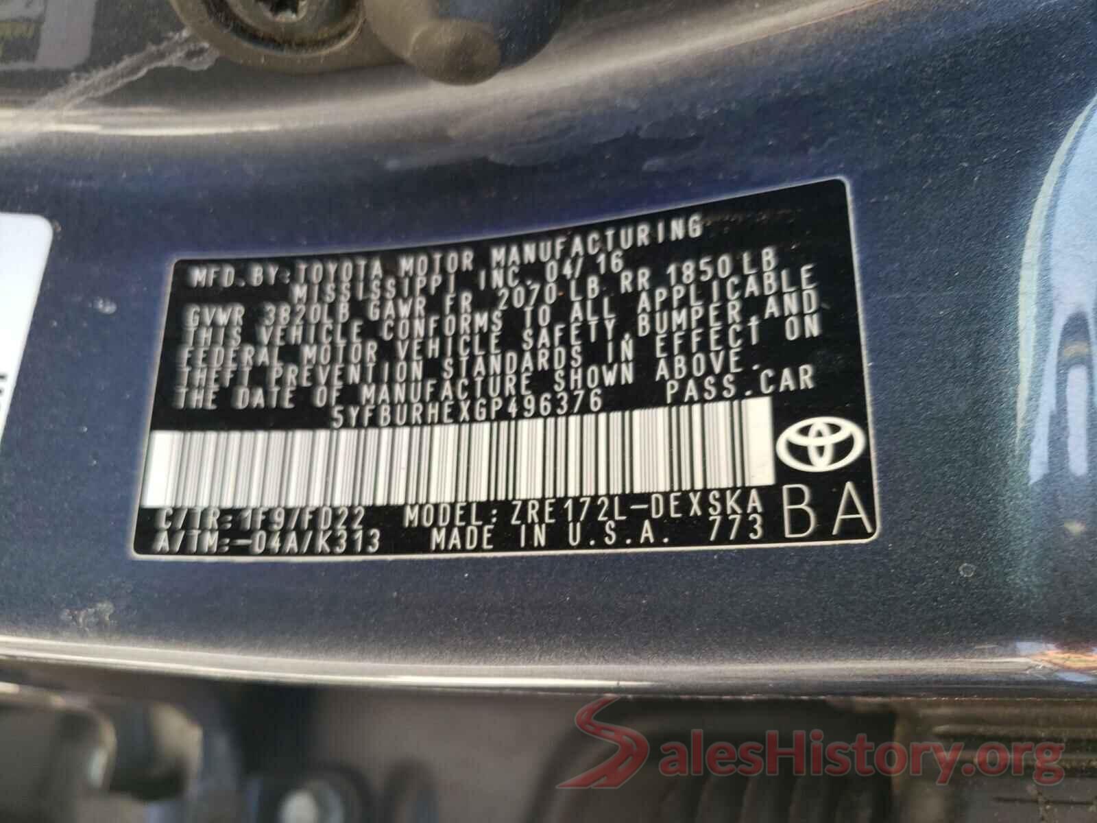 5YFBURHEXGP496376 2016 TOYOTA COROLLA