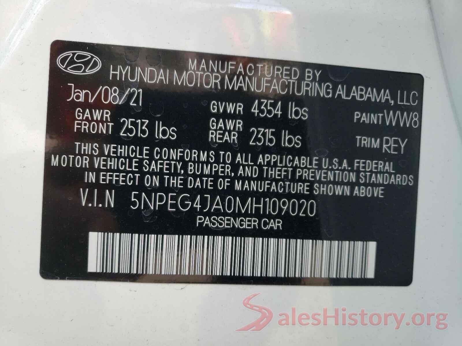 5NPEG4JA0MH109020 2021 HYUNDAI SONATA