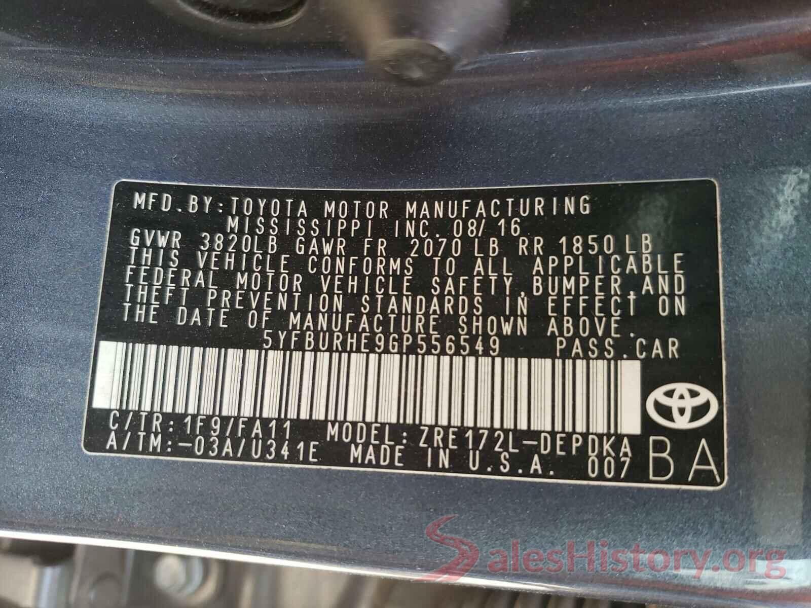 5YFBURHE9GP556549 2016 TOYOTA COROLLA