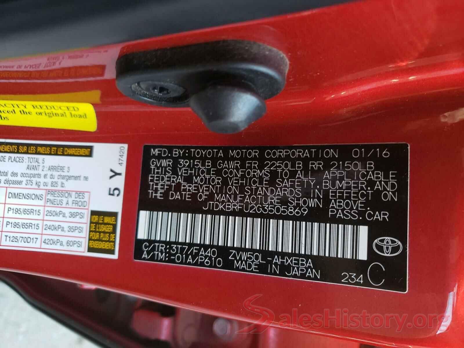 JTDKBRFU2G3505869 2016 TOYOTA PRIUS