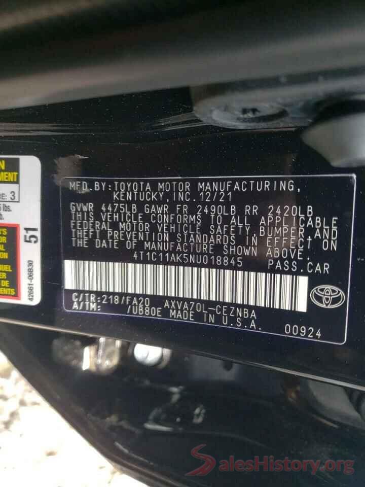 4T1C11AK5NU018845 2022 TOYOTA CAMRY