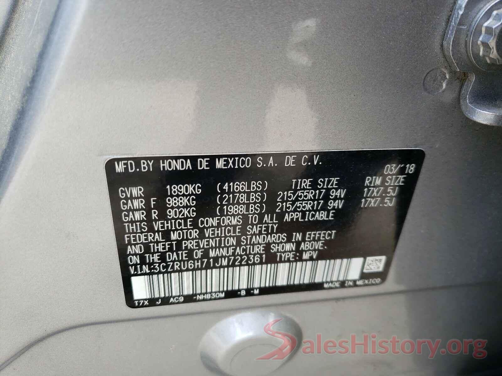 3CZRU6H71JM722361 2018 HONDA HR-V