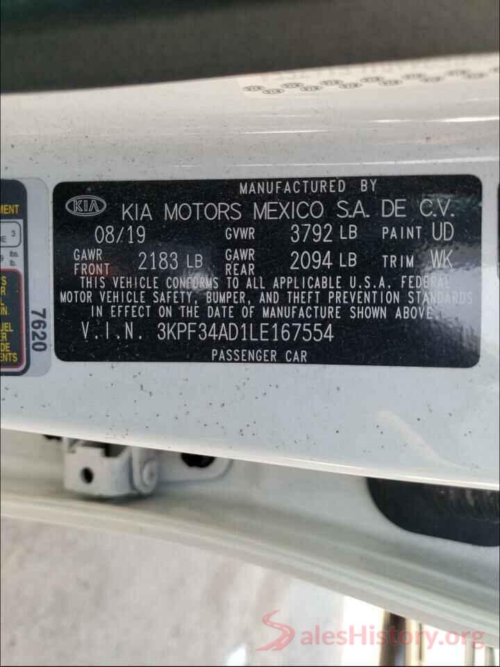 3KPF34AD1LE167554 2020 KIA FORTE