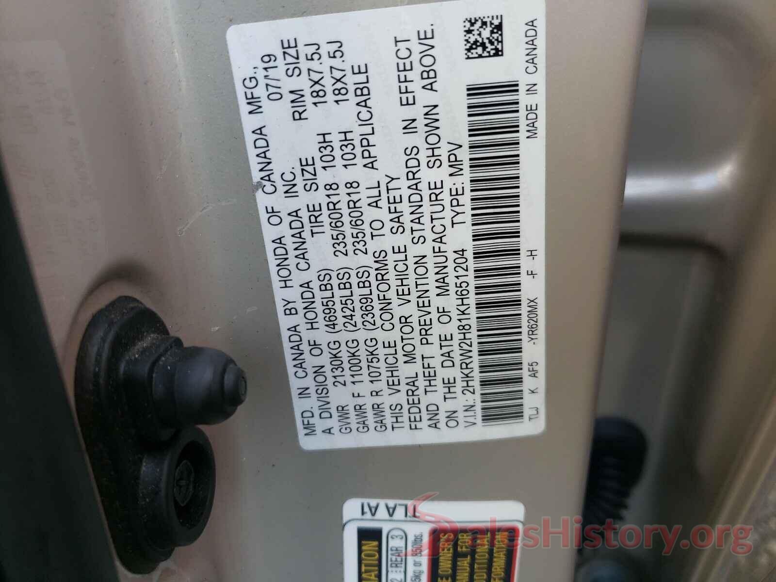 2HKRW2H81KH651204 2019 HONDA CRV