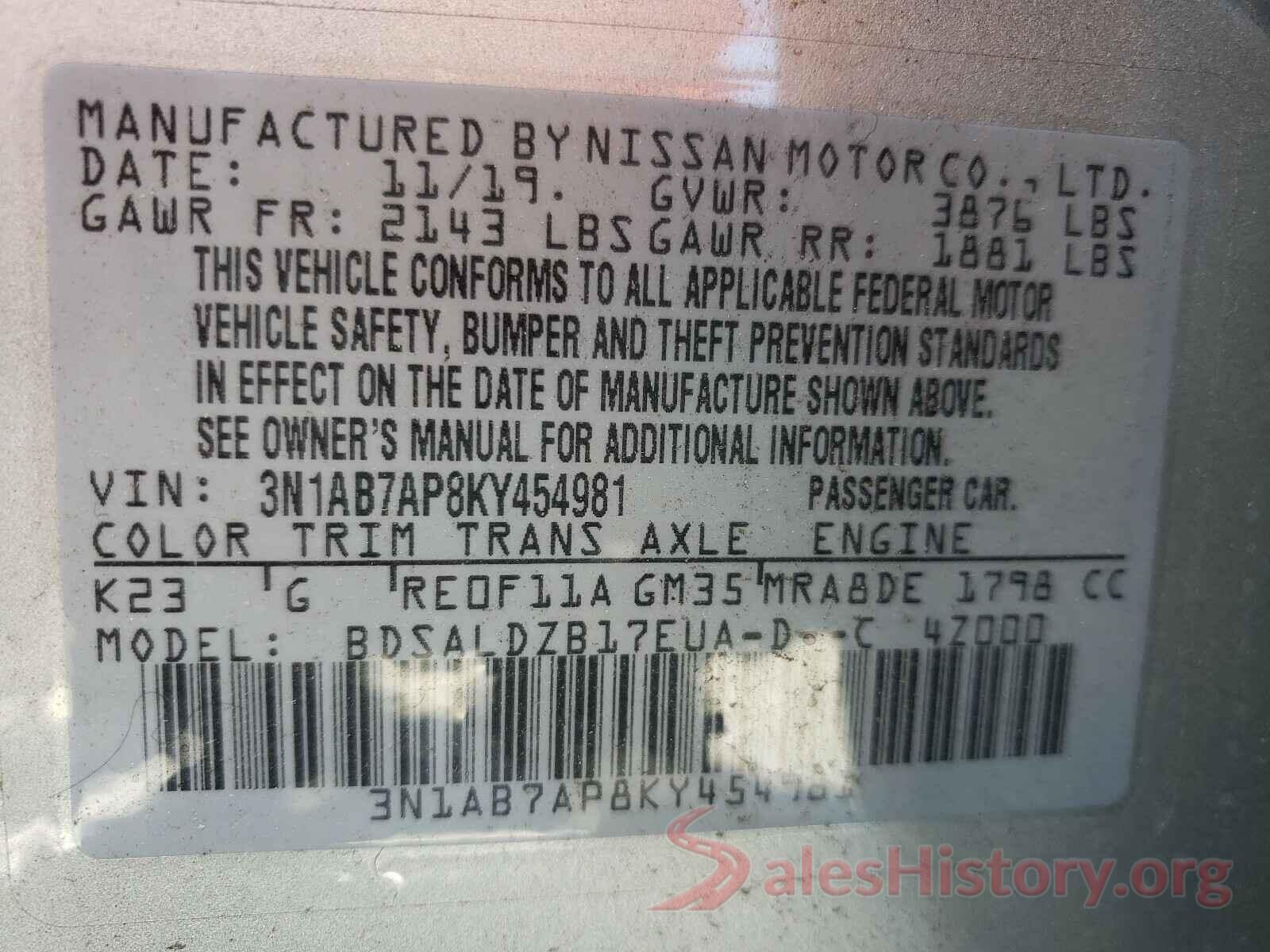 3N1AB7AP8KY454981 2019 NISSAN SENTRA