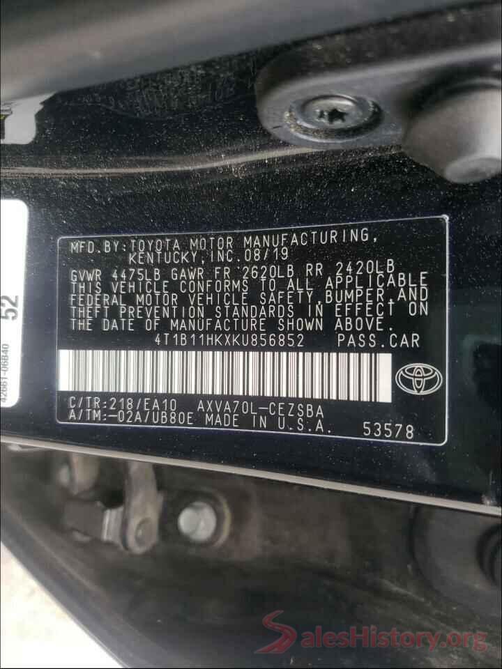 4T1B11HKXKU856852 2019 TOYOTA CAMRY