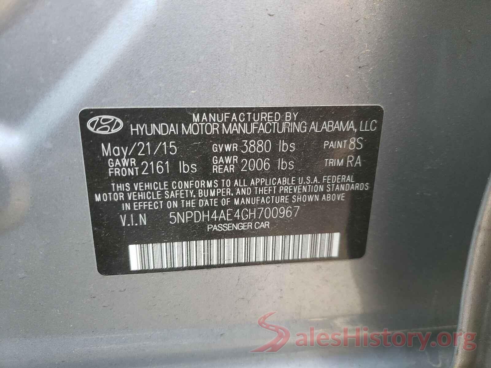 5NPDH4AE4GH700967 2016 HYUNDAI ELANTRA