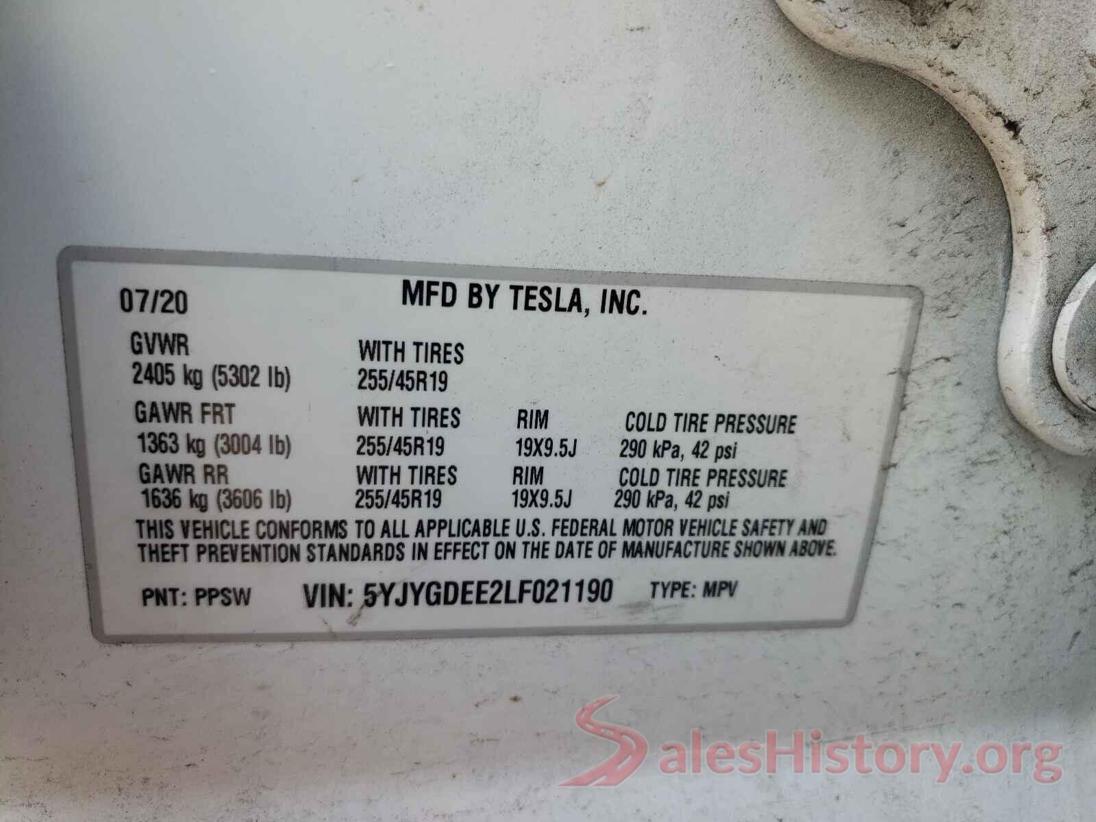 5YJYGDEE2LF021190 2020 TESLA MODEL Y