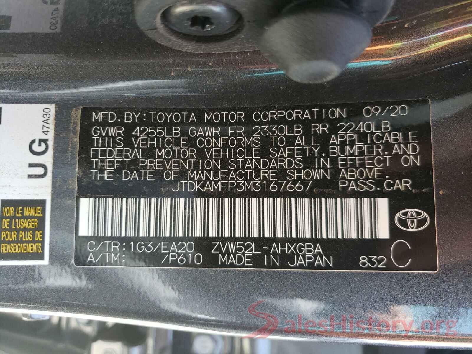 JTDKAMFP3M3167667 2021 TOYOTA PRIUS