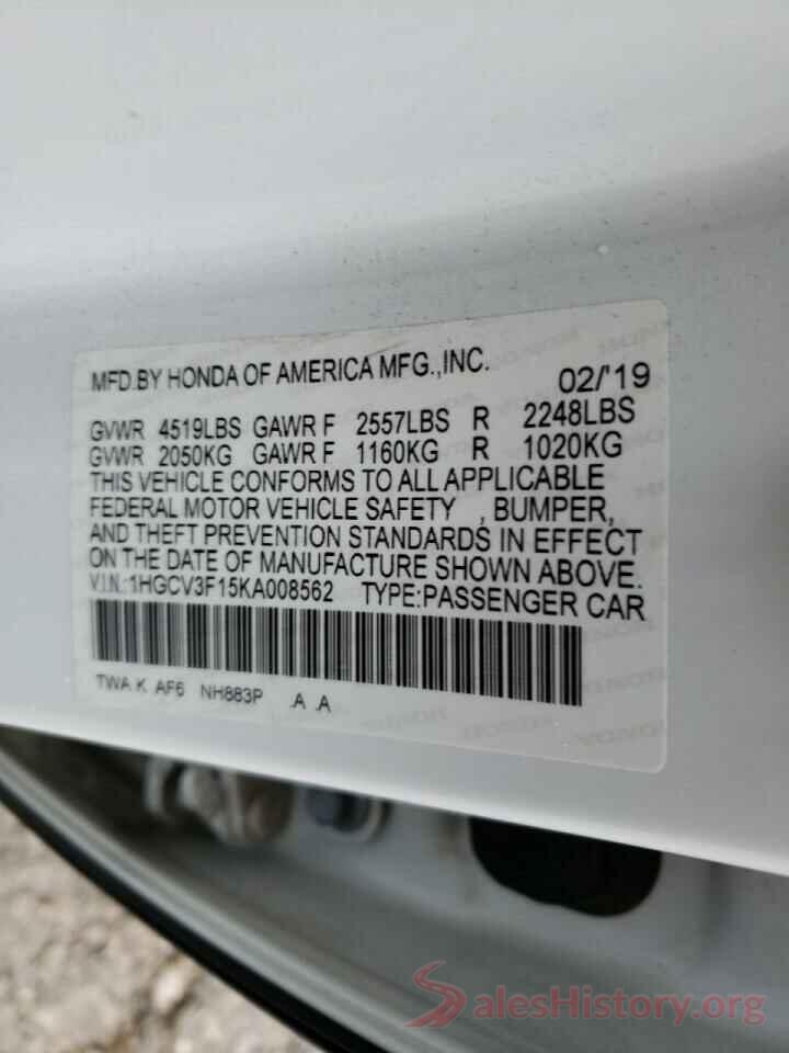 1HGCV3F15KA008562 2019 HONDA ACCORD