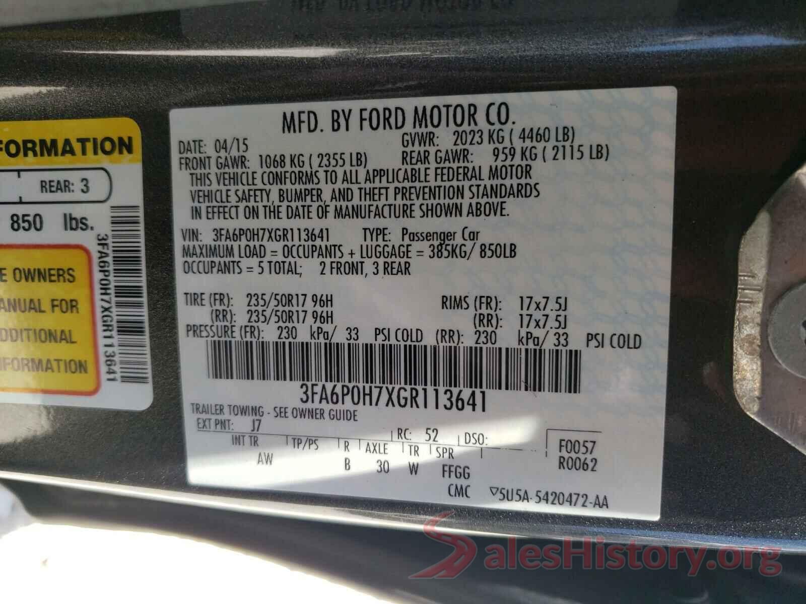 3FA6P0H7XGR113641 2016 FORD FUSION