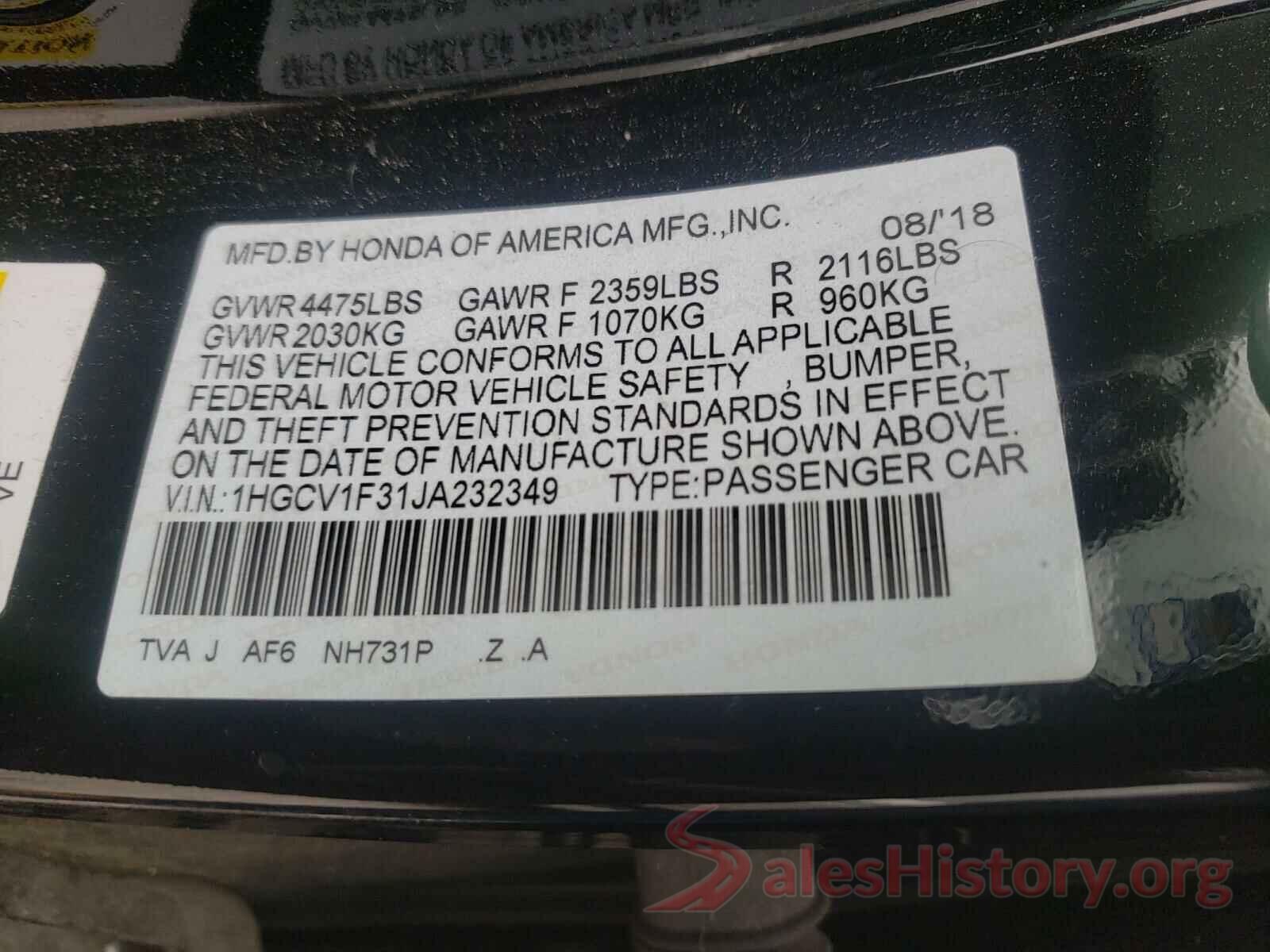 1HGCV1F31JA232349 2018 HONDA ACCORD