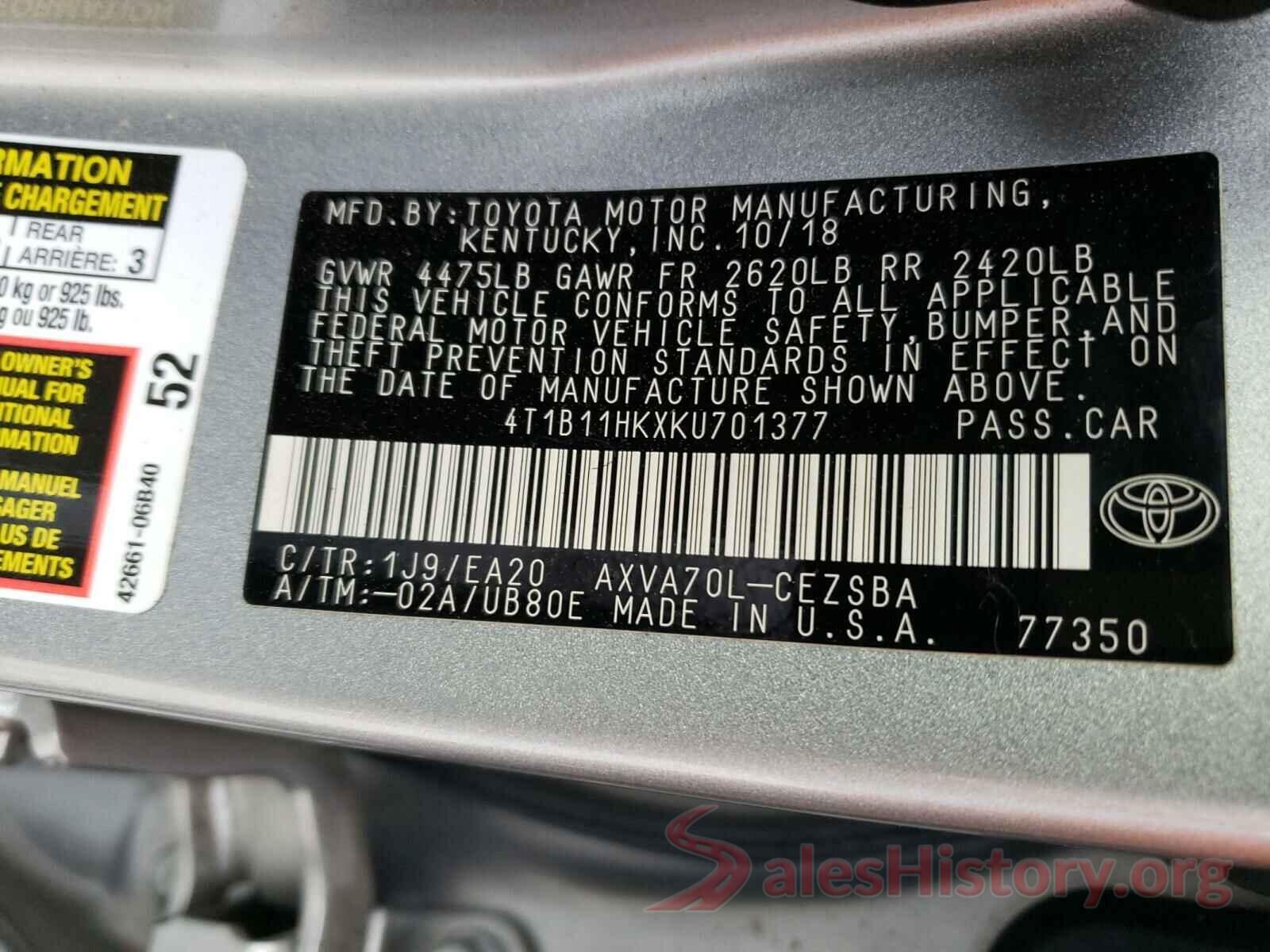 4T1B11HKXKU701377 2019 TOYOTA CAMRY