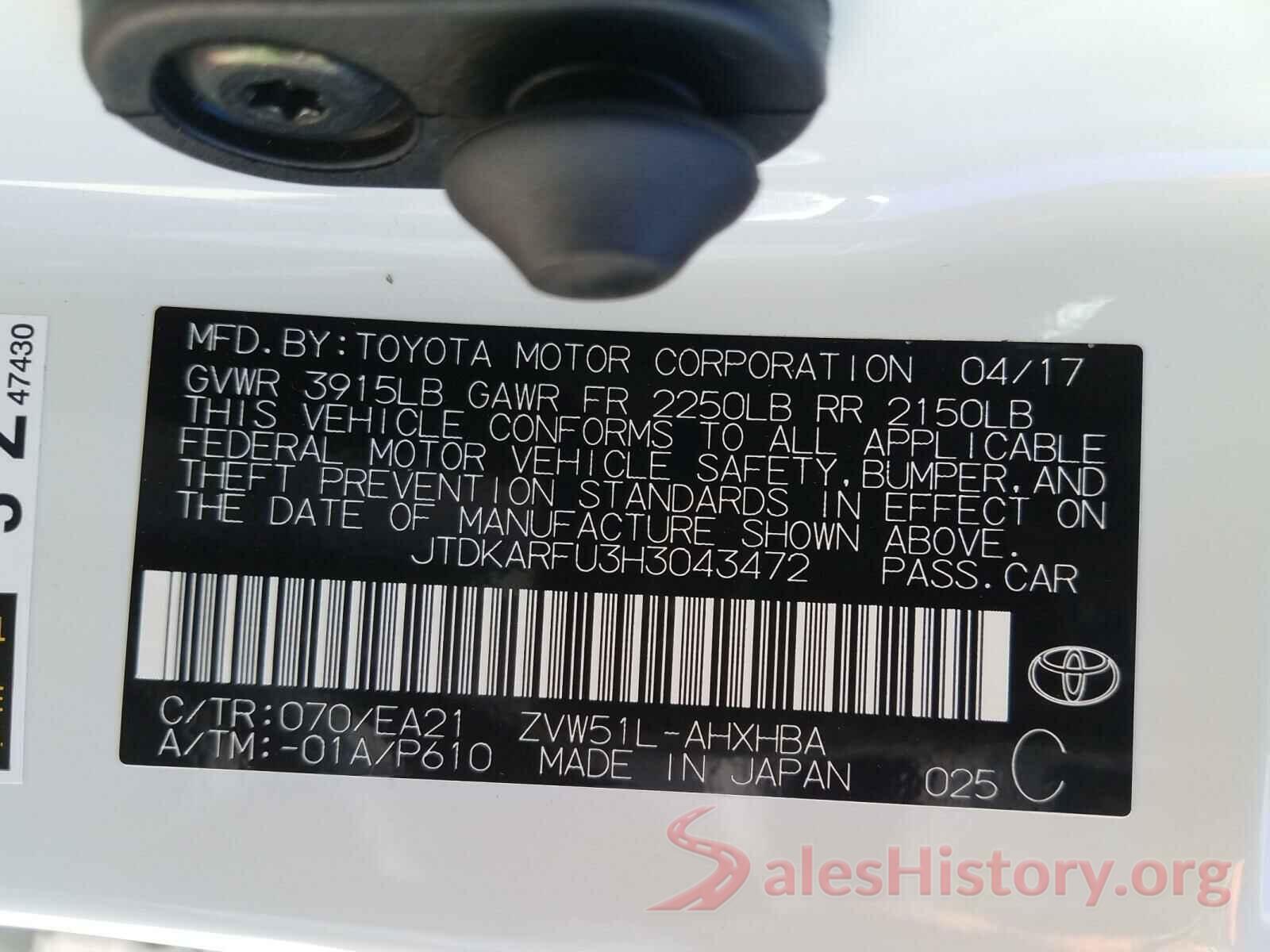 JTDKARFU3H3043472 2017 TOYOTA PRIUS