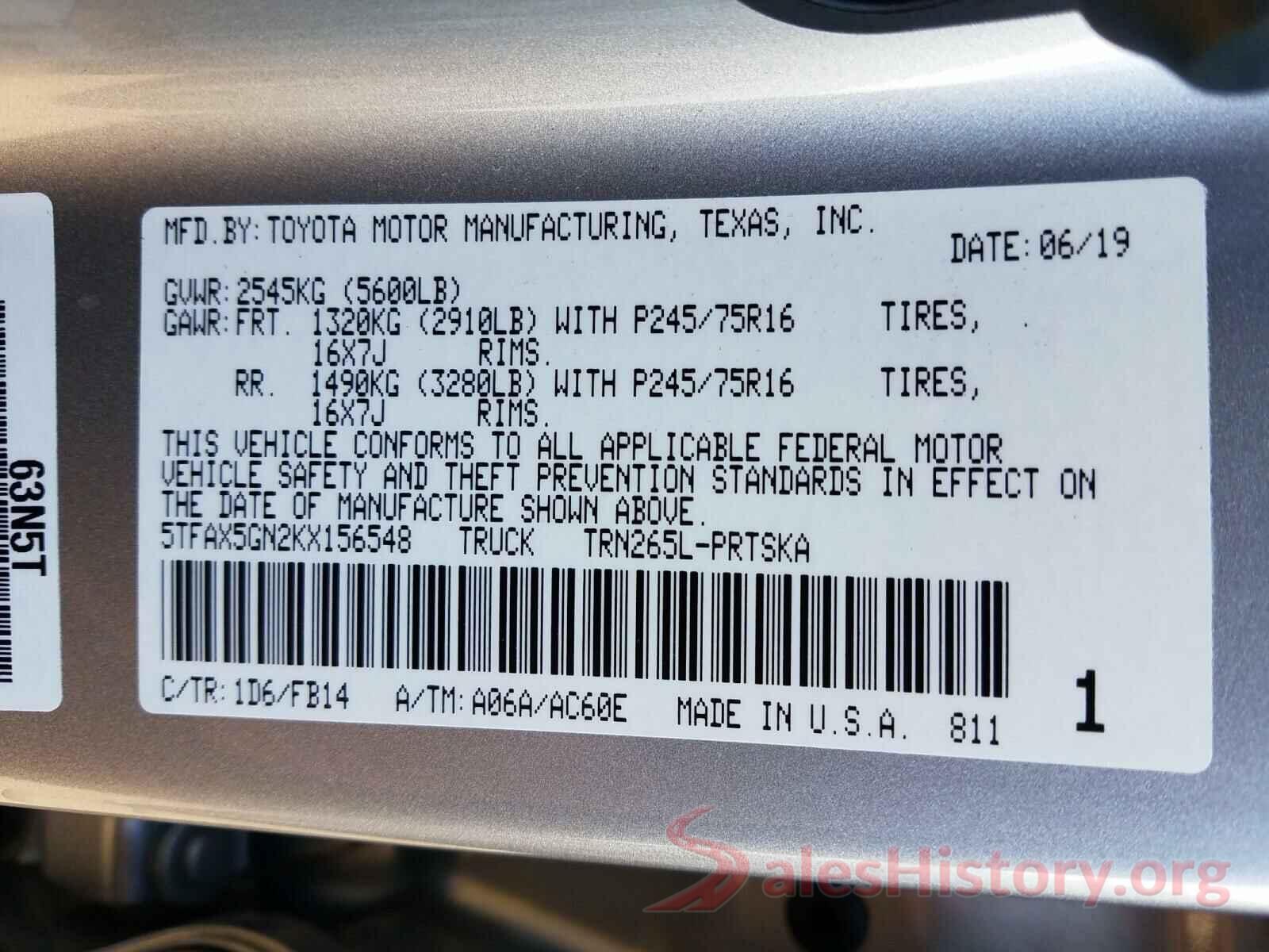 5TFAX5GN2KX156548 2019 TOYOTA TACOMA