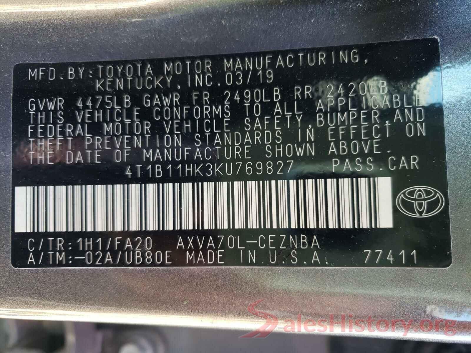 4T1B11HK3KU769827 2019 TOYOTA CAMRY