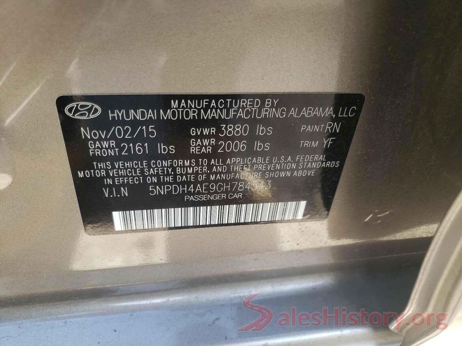 5NPDH4AE9GH784543 2016 HYUNDAI ELANTRA