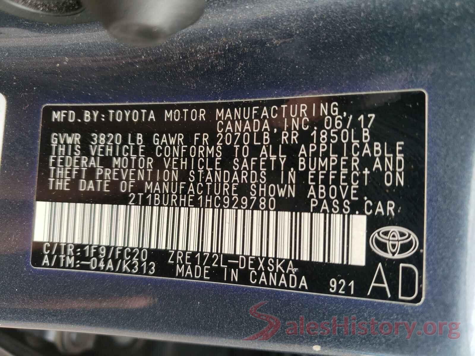 2T1BURHE1HC929780 2017 TOYOTA COROLLA