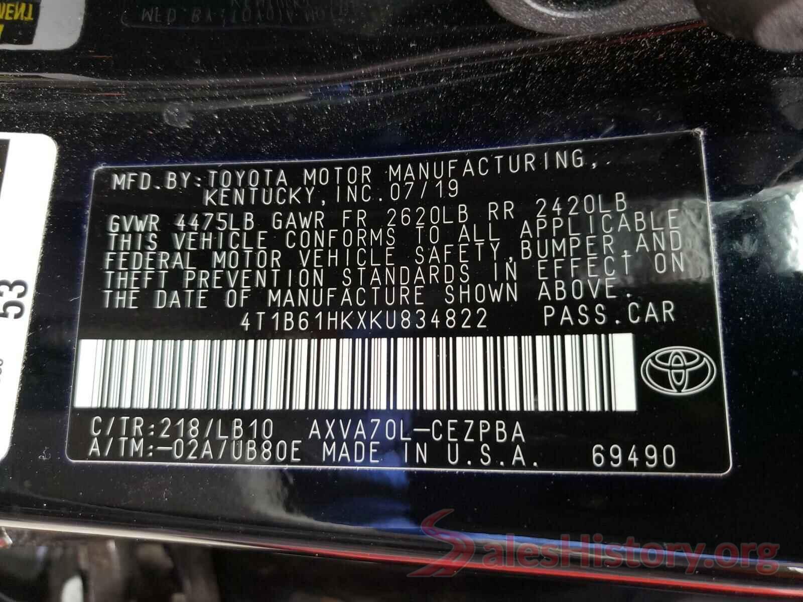 4T1B61HKXKU834822 2019 TOYOTA CAMRY