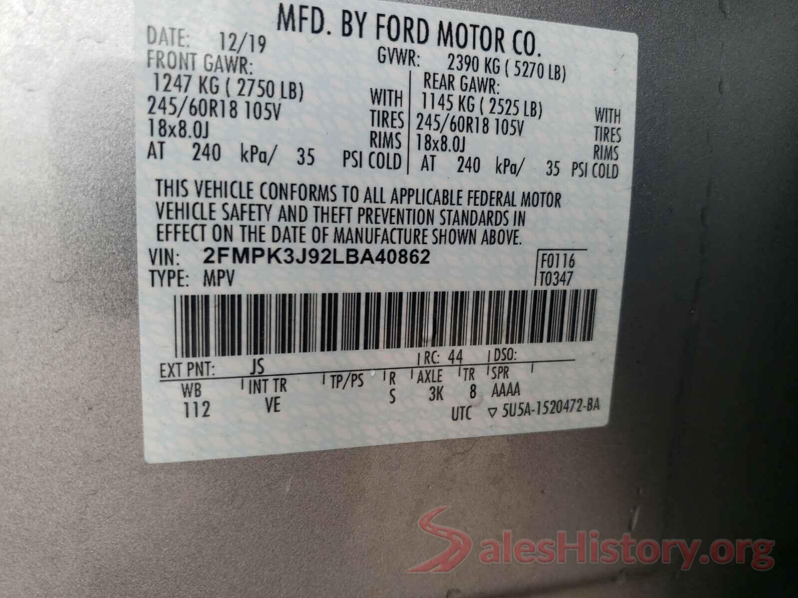 2FMPK3J92LBA40862 2020 FORD EDGE