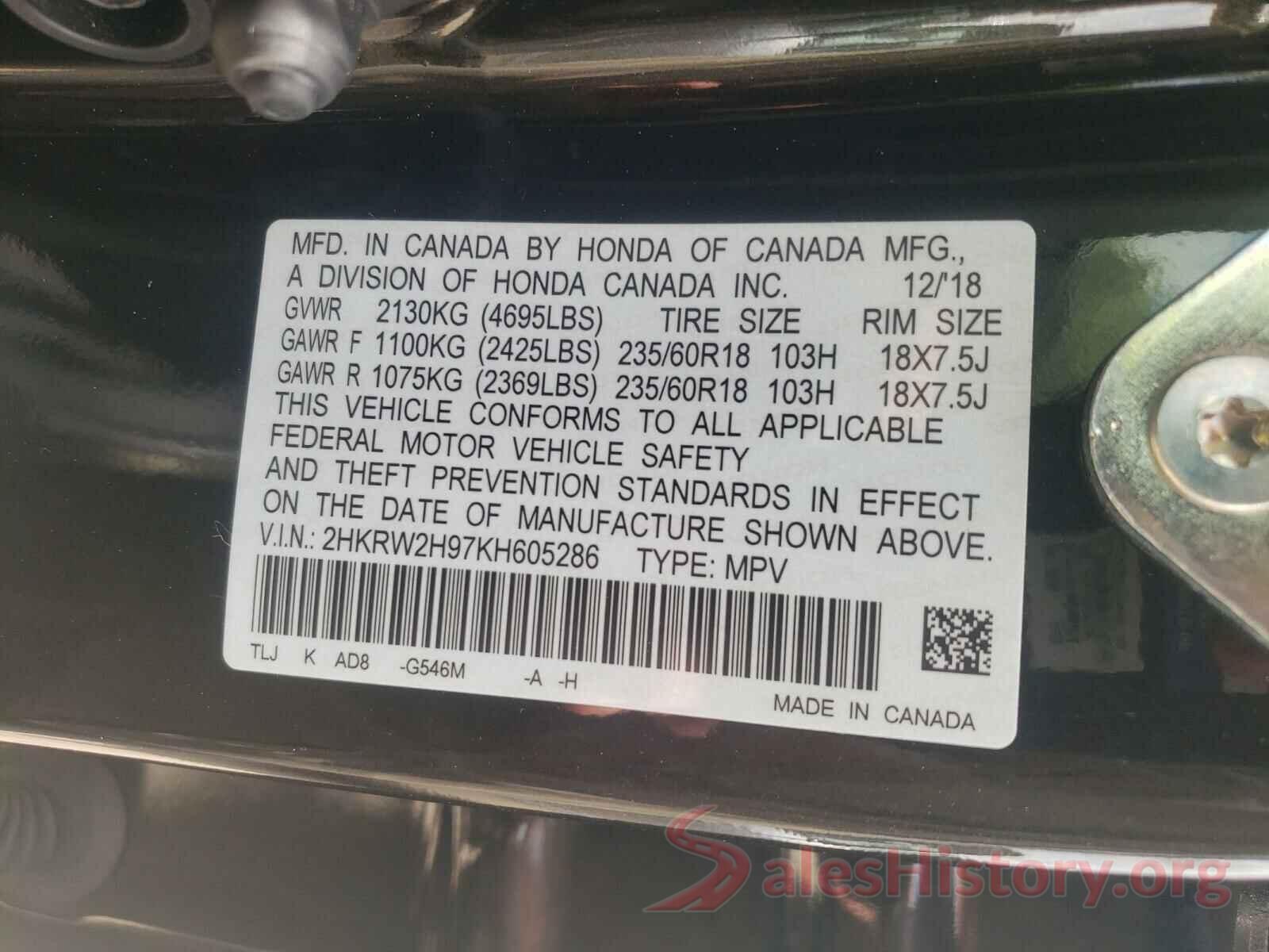 2HKRW2H97KH605286 2019 HONDA CRV