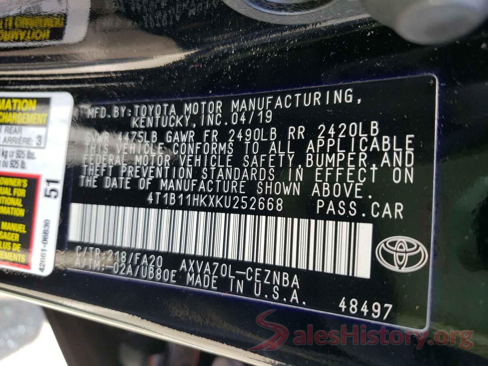 4T1B11HKXKU252668 2019 TOYOTA CAMRY