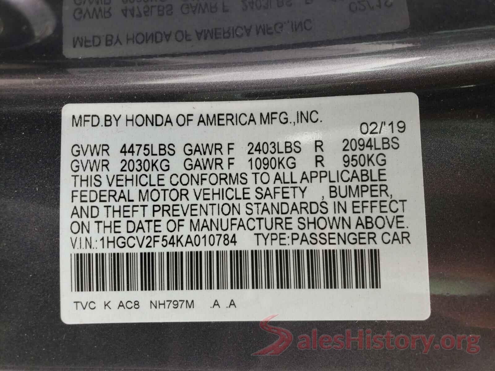 1HGCV2F54KA010784 2019 HONDA ACCORD