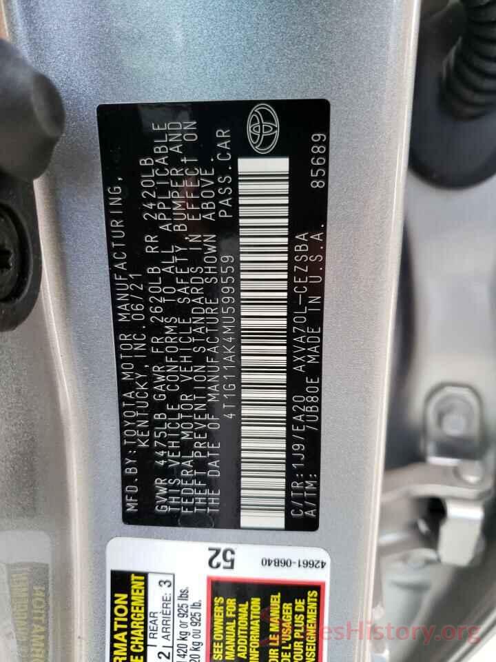 4T1G11AK4MU599559 2021 TOYOTA CAMRY