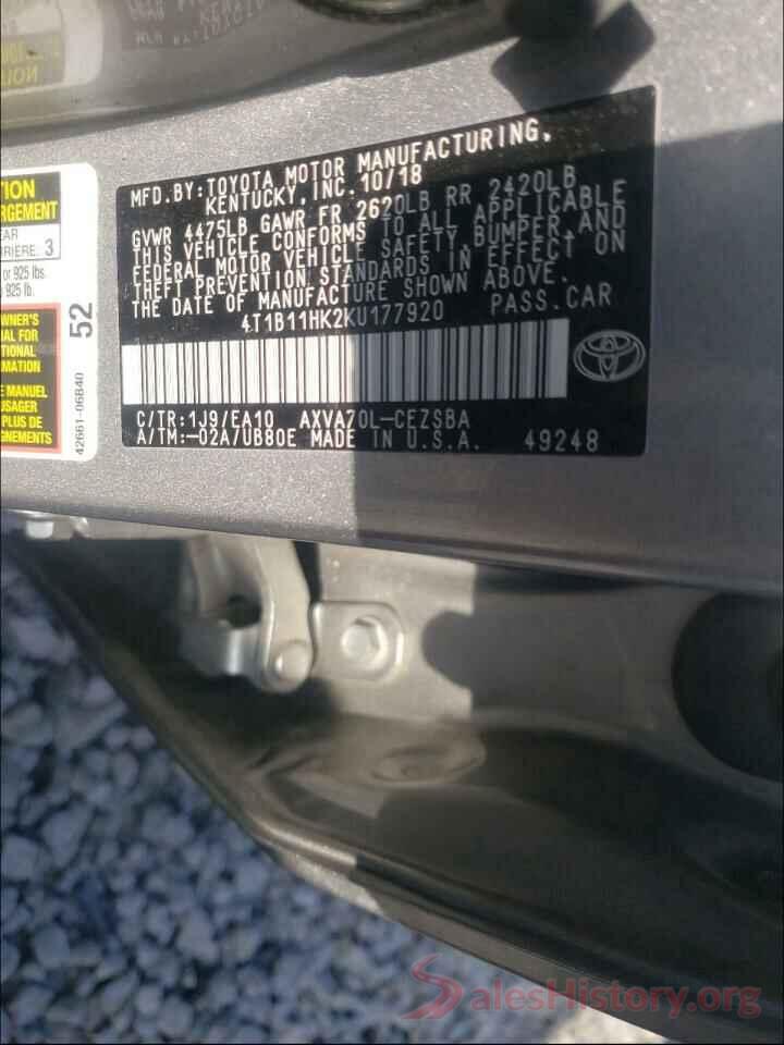 4T1B11HK2KU177920 2019 TOYOTA CAMRY