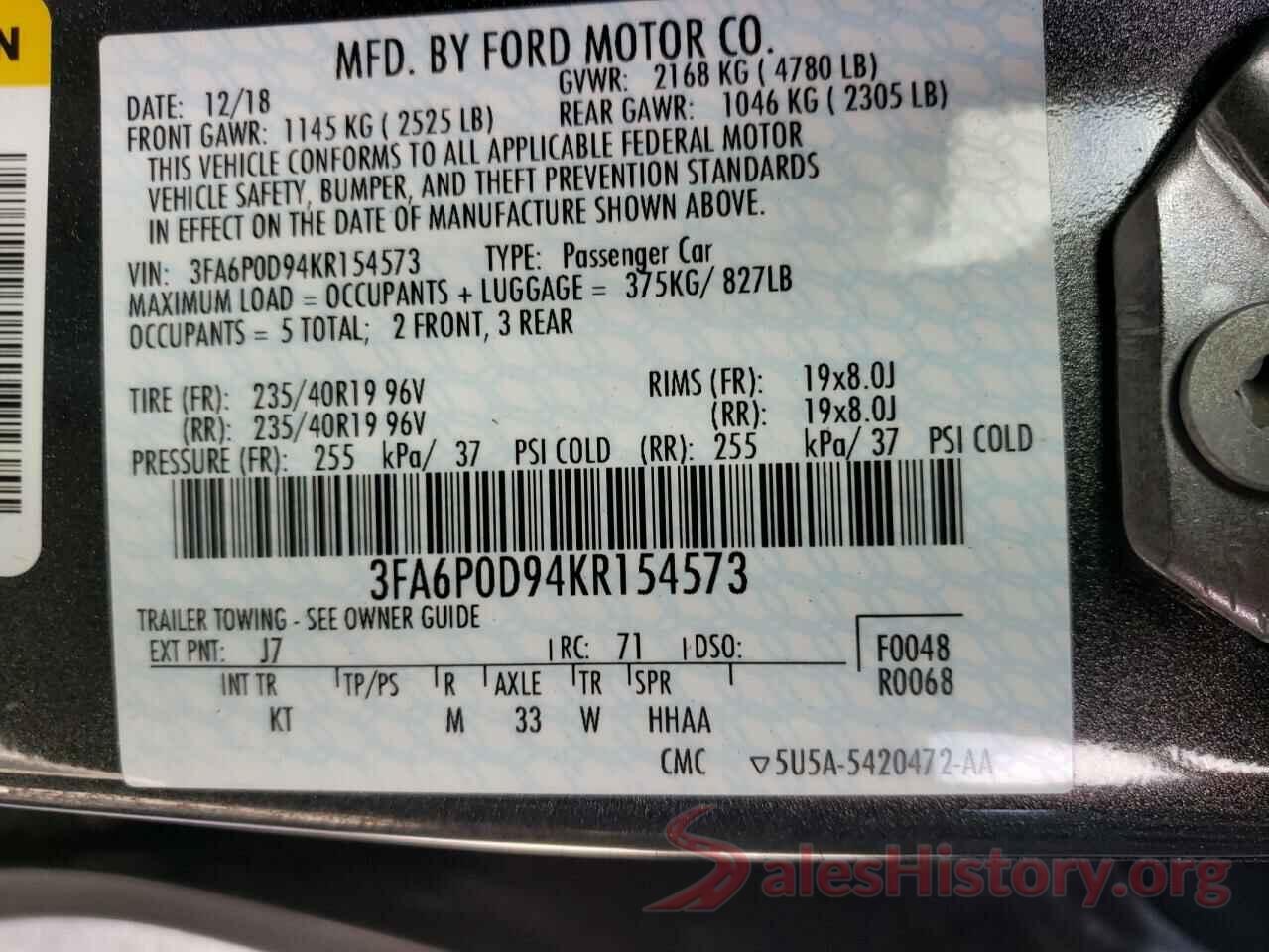 3FA6P0D94KR154573 2019 FORD FUSION