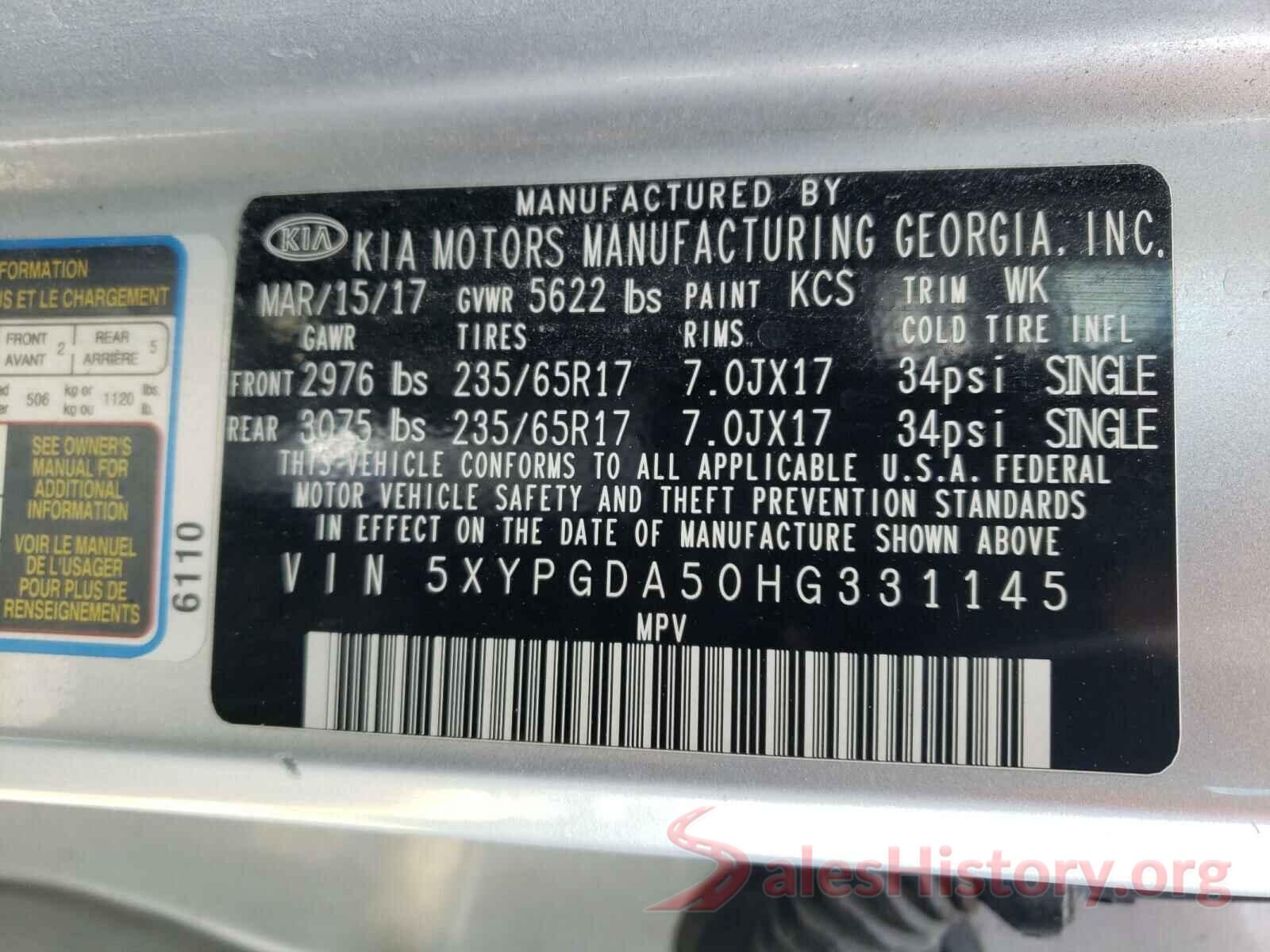 5XYPGDA50HG331145 2017 KIA SORENTO