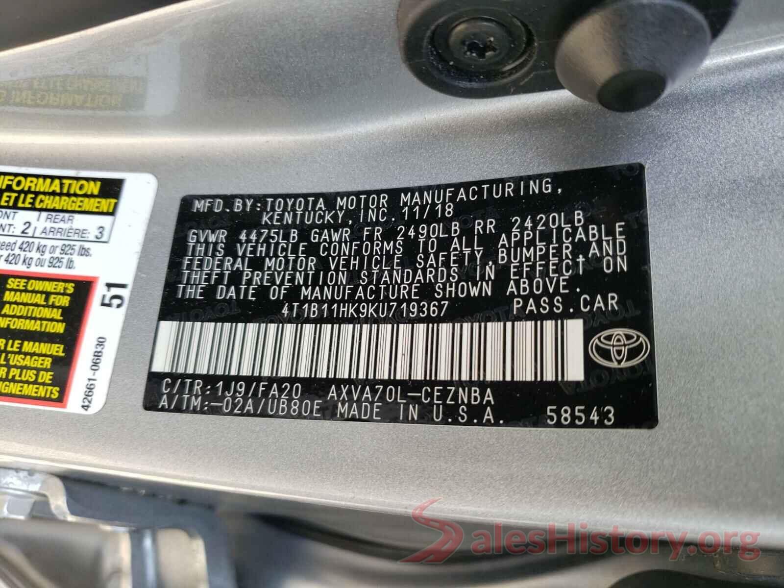 4T1B11HK9KU719367 2019 TOYOTA CAMRY