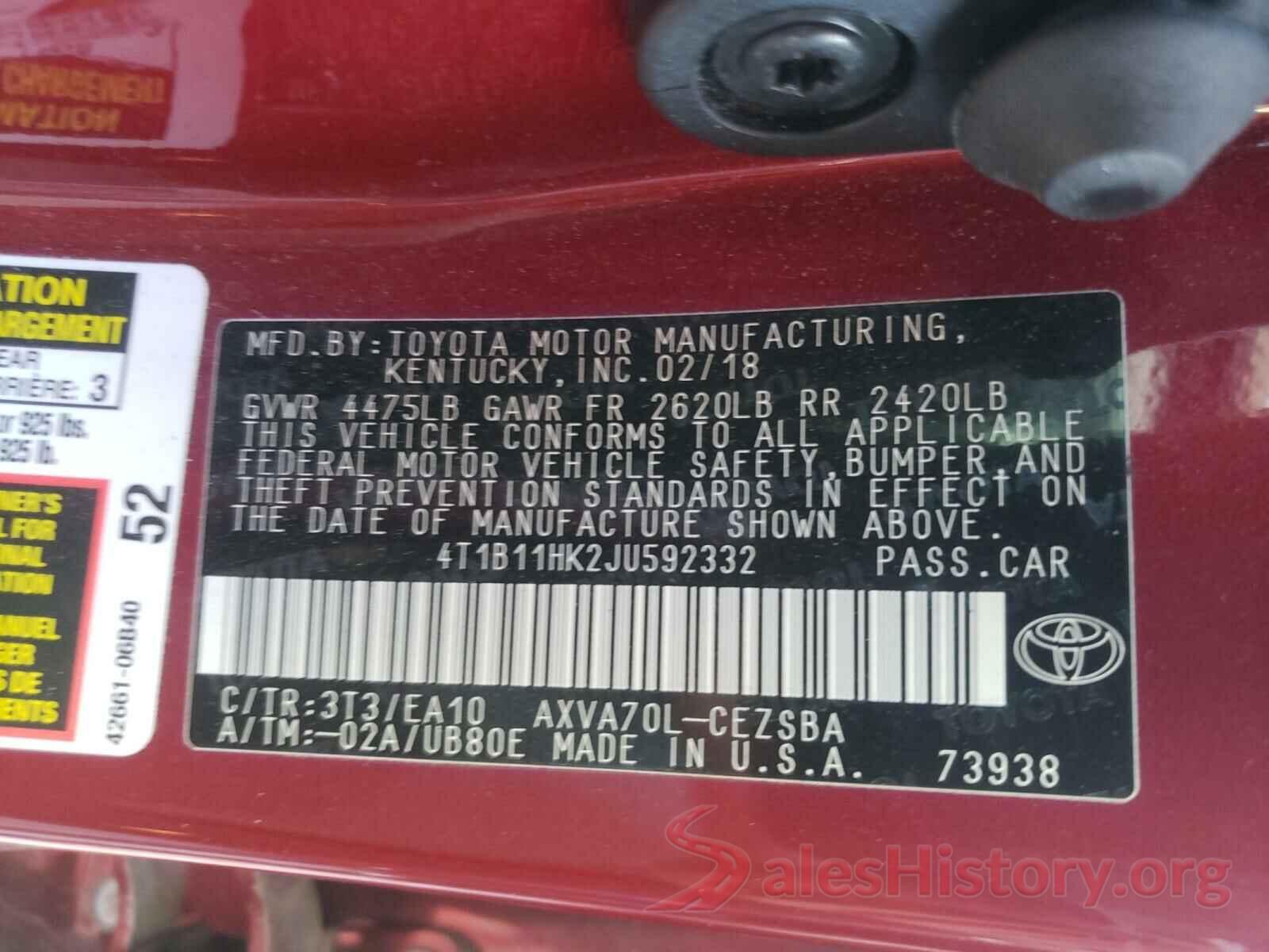 4T1B11HK2JU592332 2018 TOYOTA CAMRY