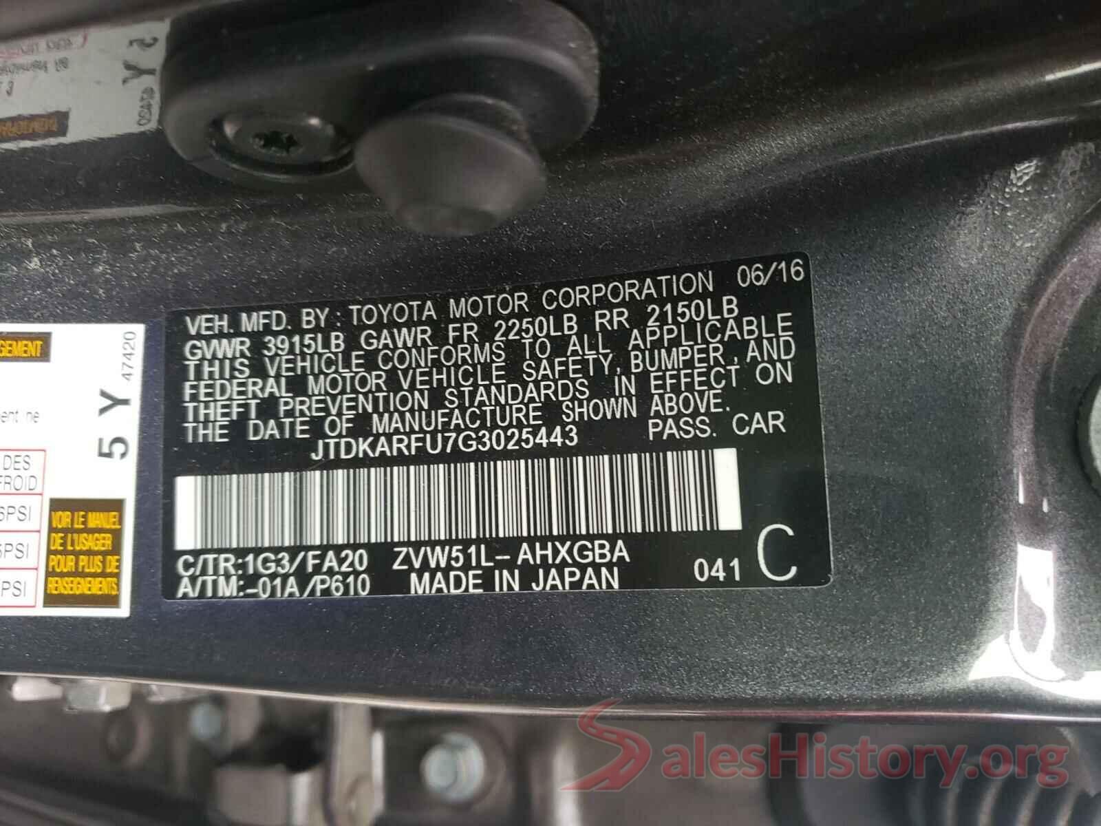 JTDKARFU7G3025443 2016 TOYOTA PRIUS