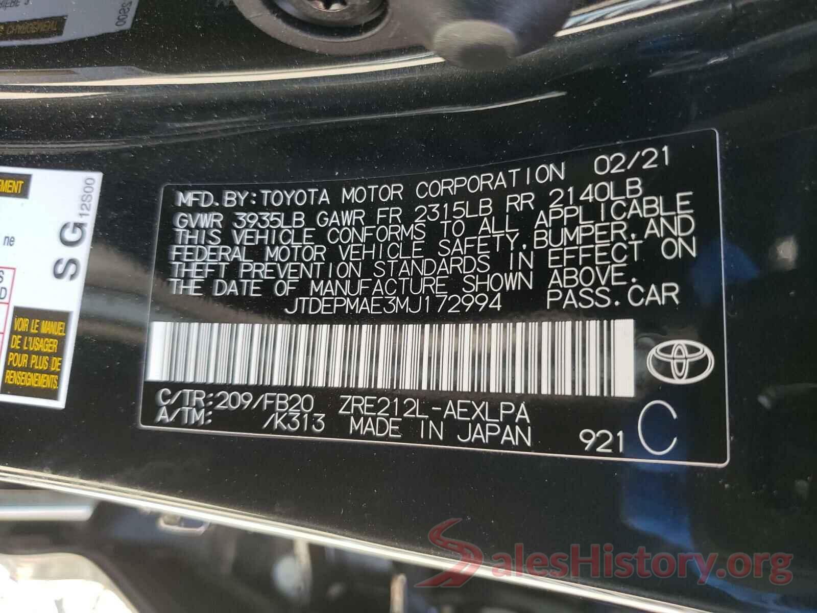 JTDEPMAE3MJ172994 2021 TOYOTA COROLLA