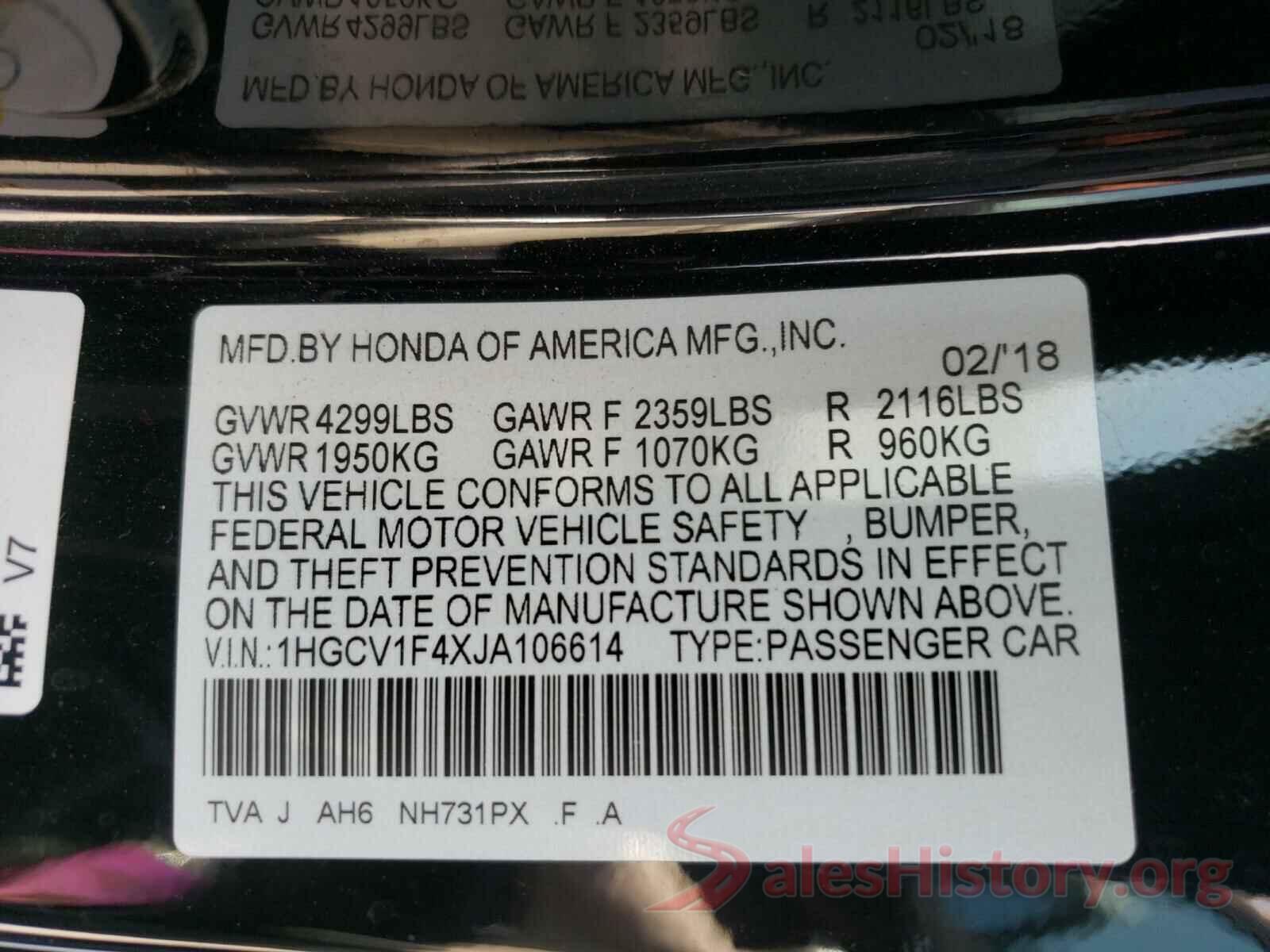 1HGCV1F4XJA106614 2018 HONDA ACCORD