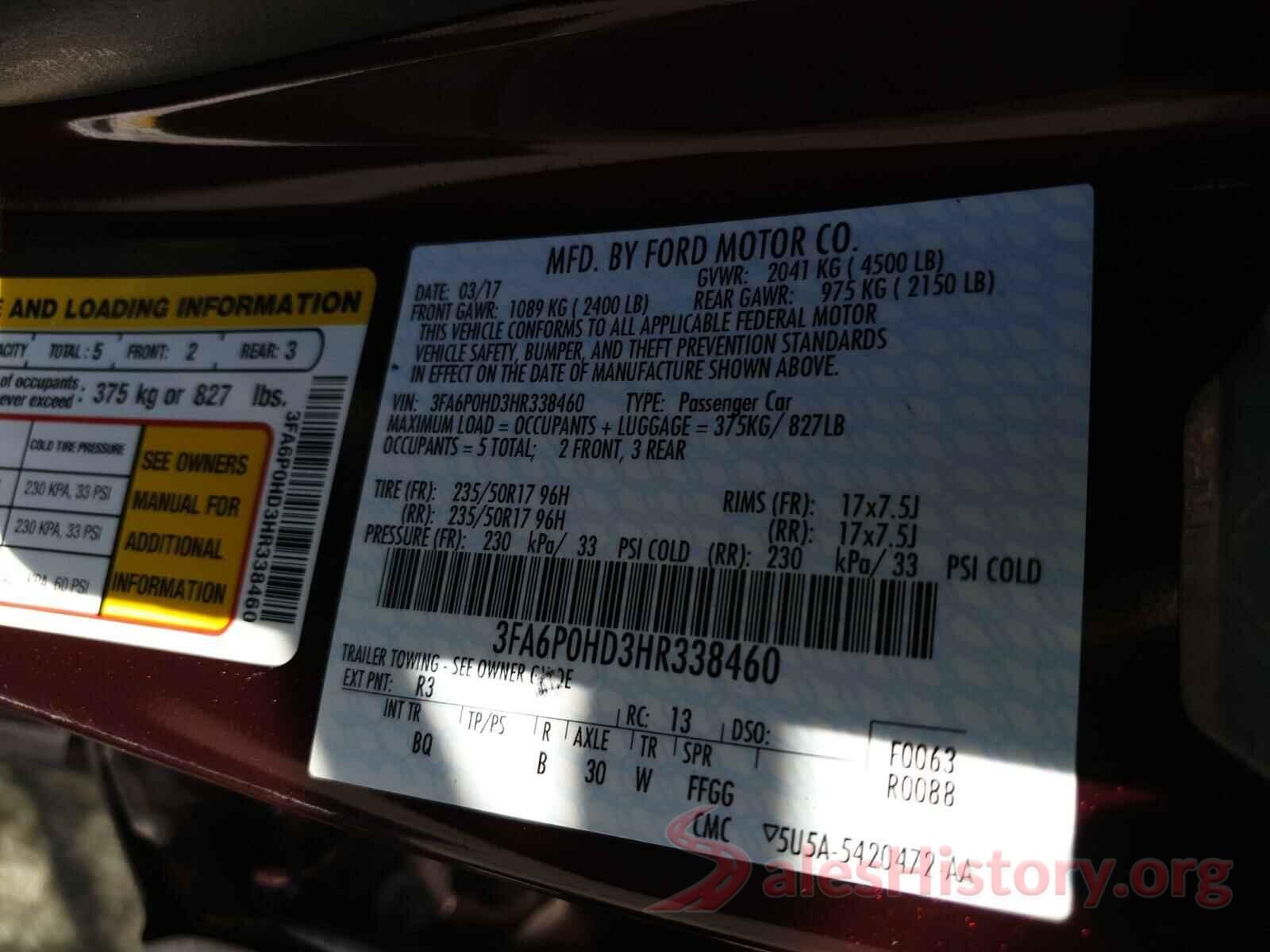 3FA6P0HD3HR338460 2017 FORD FUSION