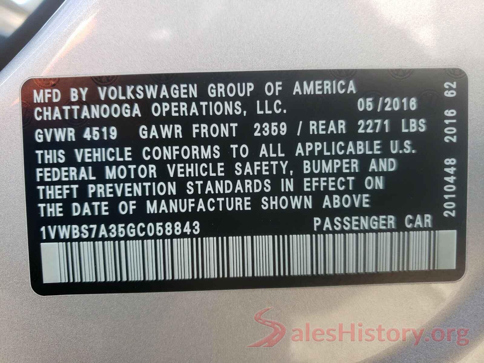 1VWBS7A35GC058843 2016 VOLKSWAGEN PASSAT