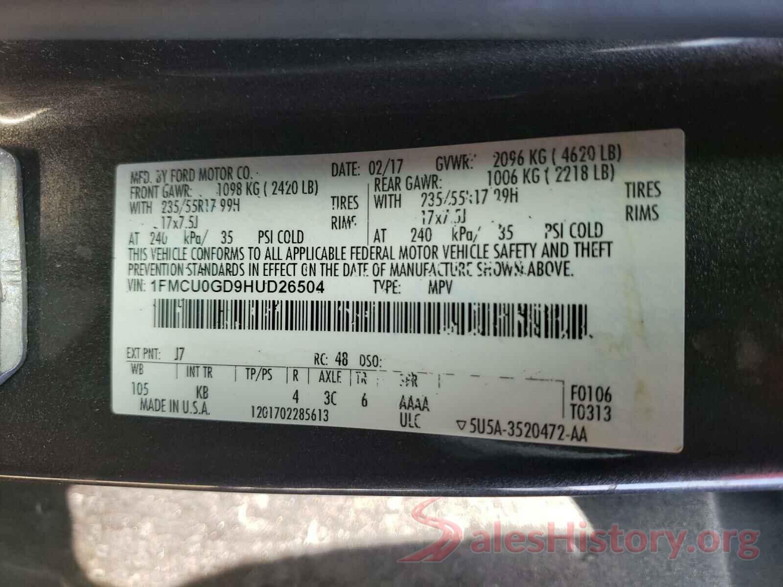 1FMCU0GD9HUD26504 2017 FORD ESCAPE