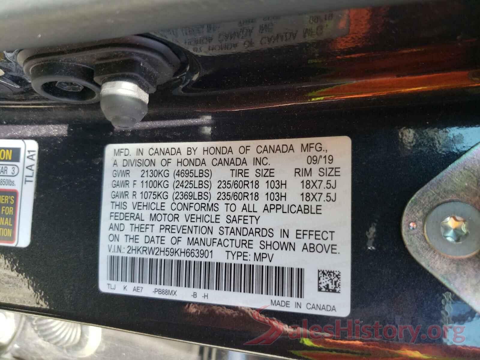 2HKRW2H59KH663901 2019 HONDA CRV