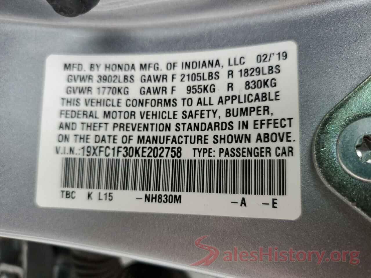 19XFC1F30KE202758 2019 HONDA CIVIC