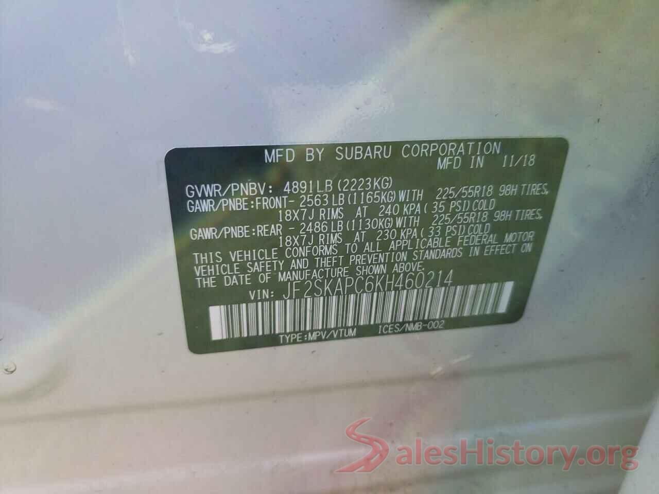 JF2SKAPC6KH460214 2019 SUBARU FORESTER