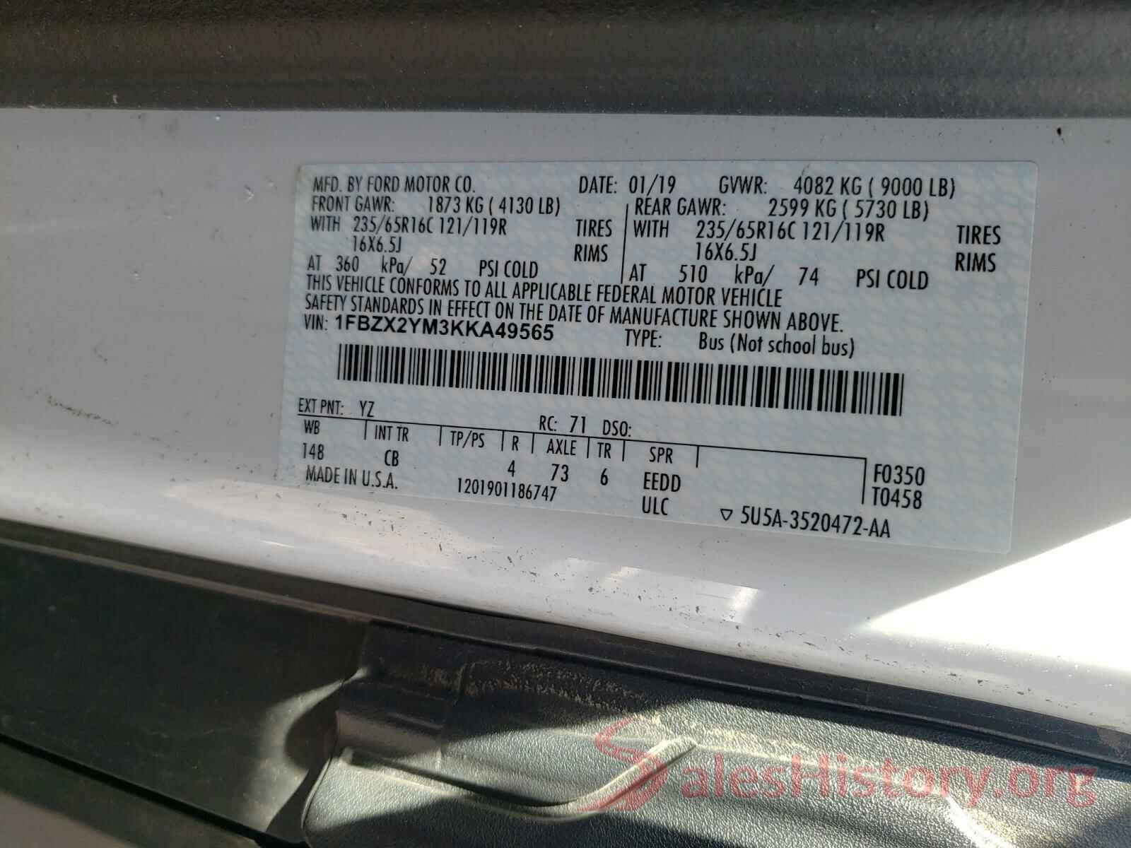 1FBZX2YM3KKA49565 2019 FORD TRANSIT CO