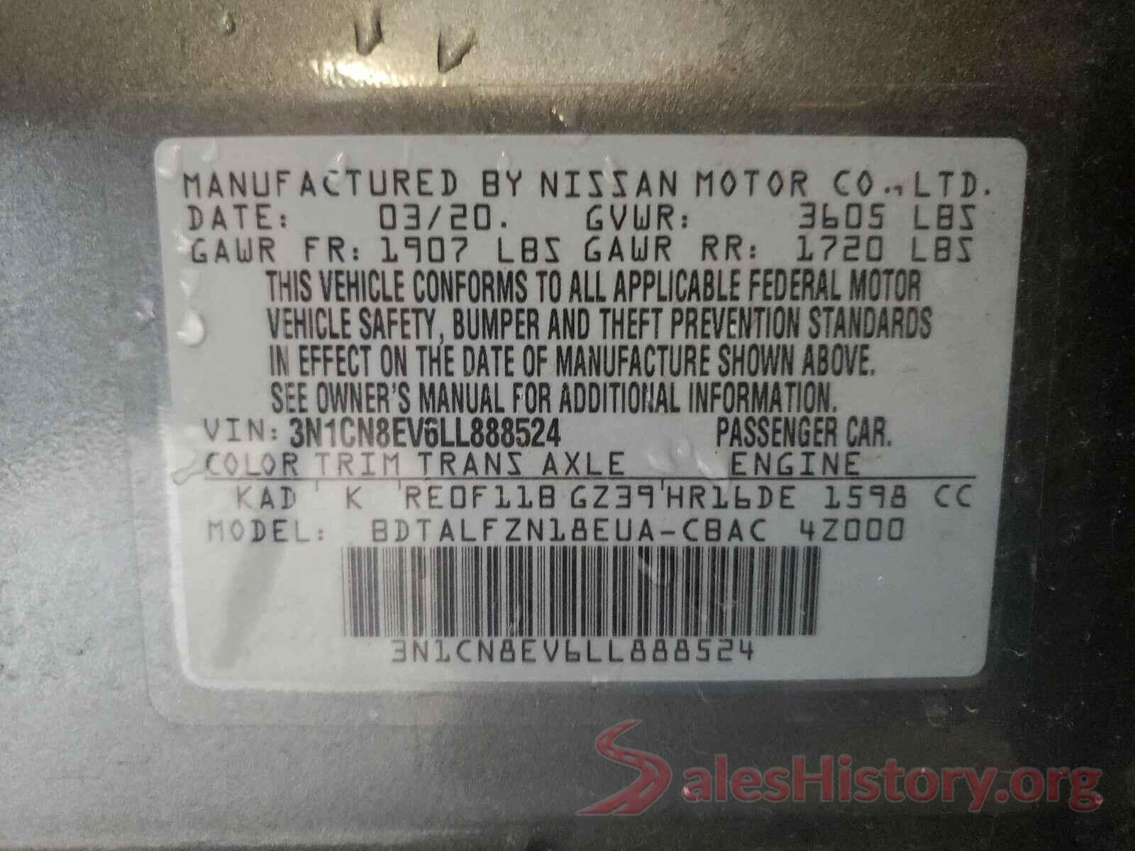 3N1CN8EV6LL888524 2020 NISSAN VERSA