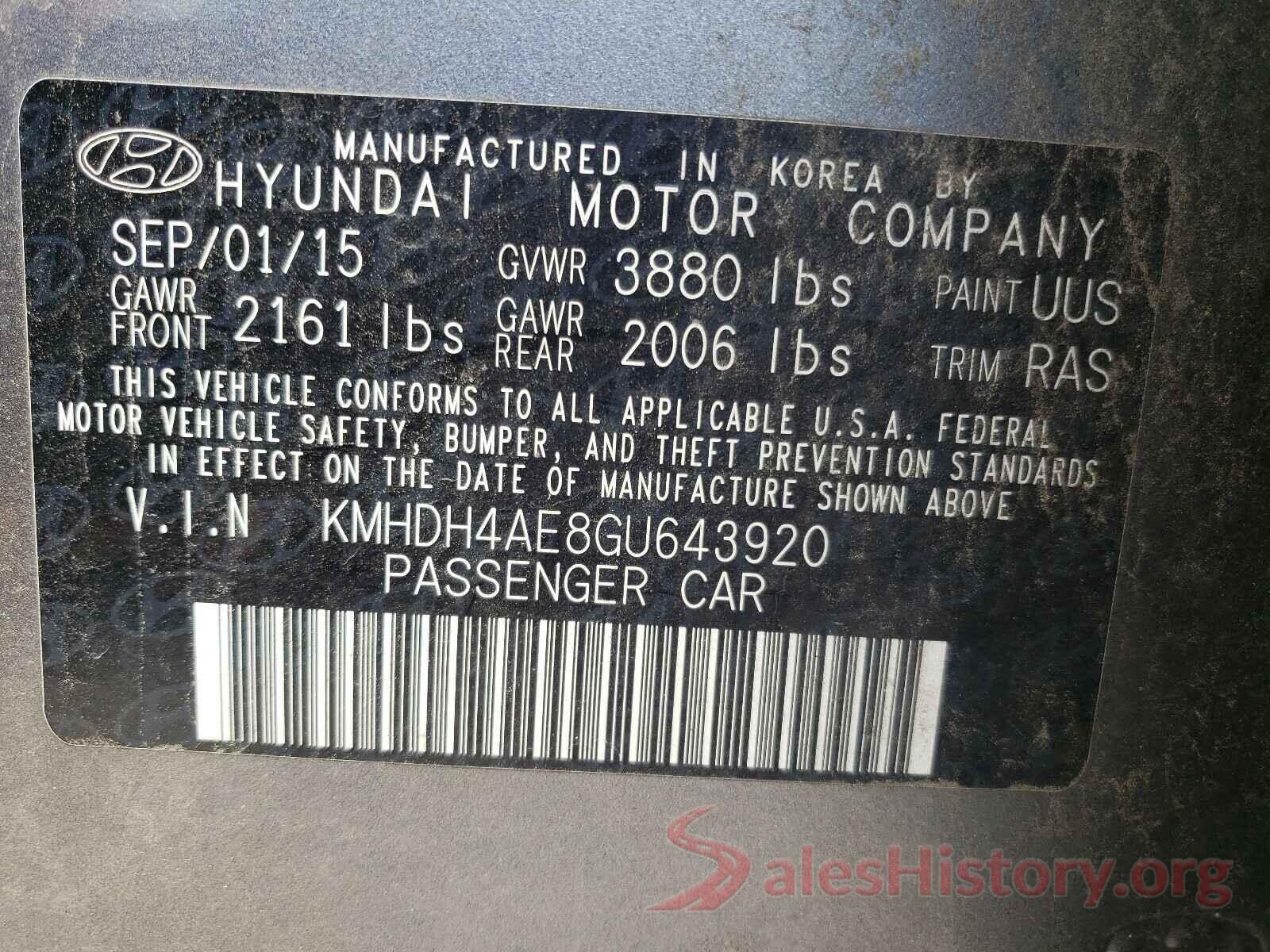 KMHDH4AE8GU643920 2016 HYUNDAI ELANTRA