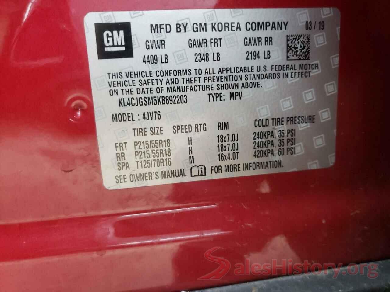 KL4CJGSM5KB892203 2019 BUICK ENCORE