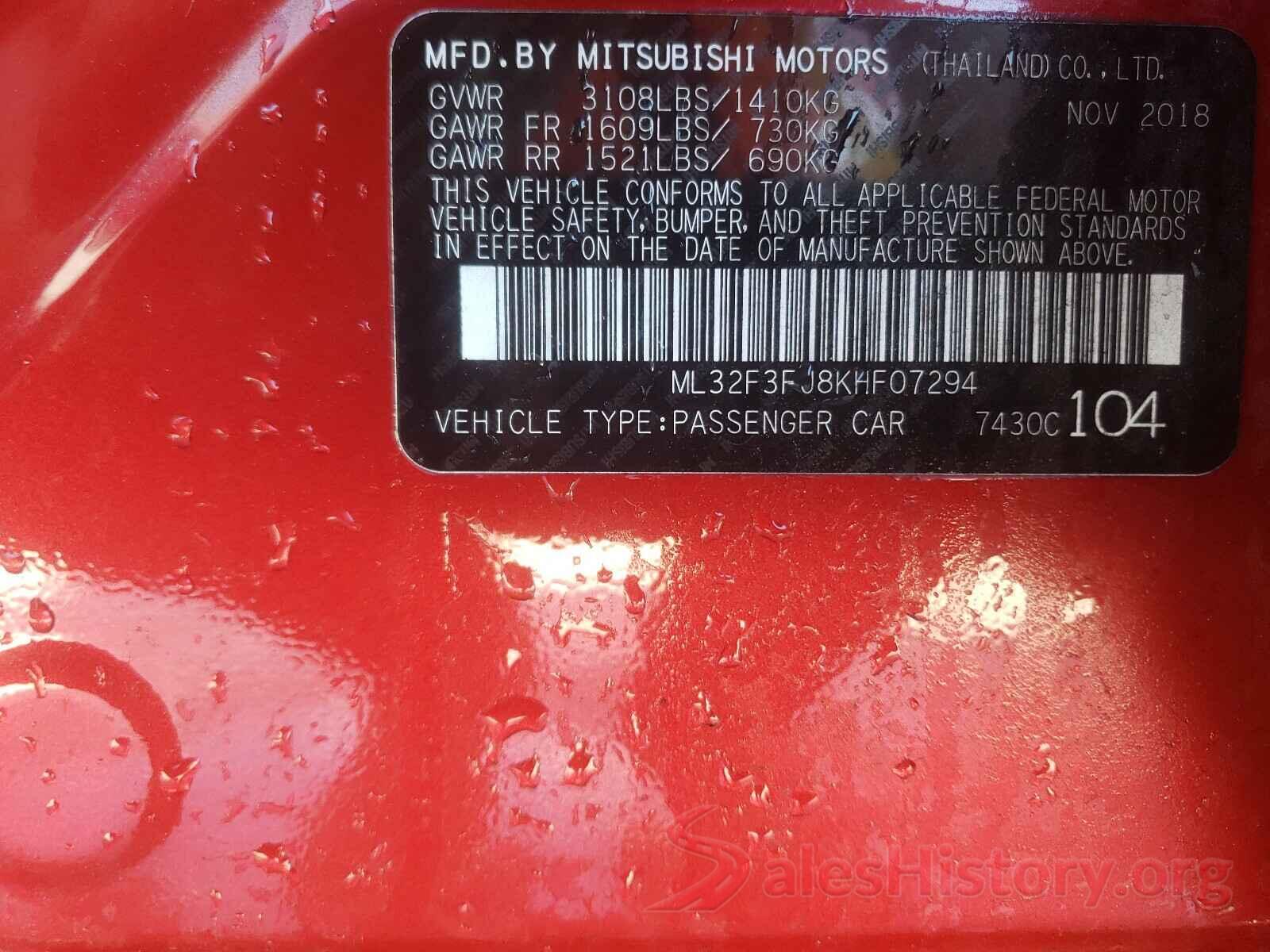 ML32F3FJ8KHF07294 2019 MITSUBISHI MIRAGE