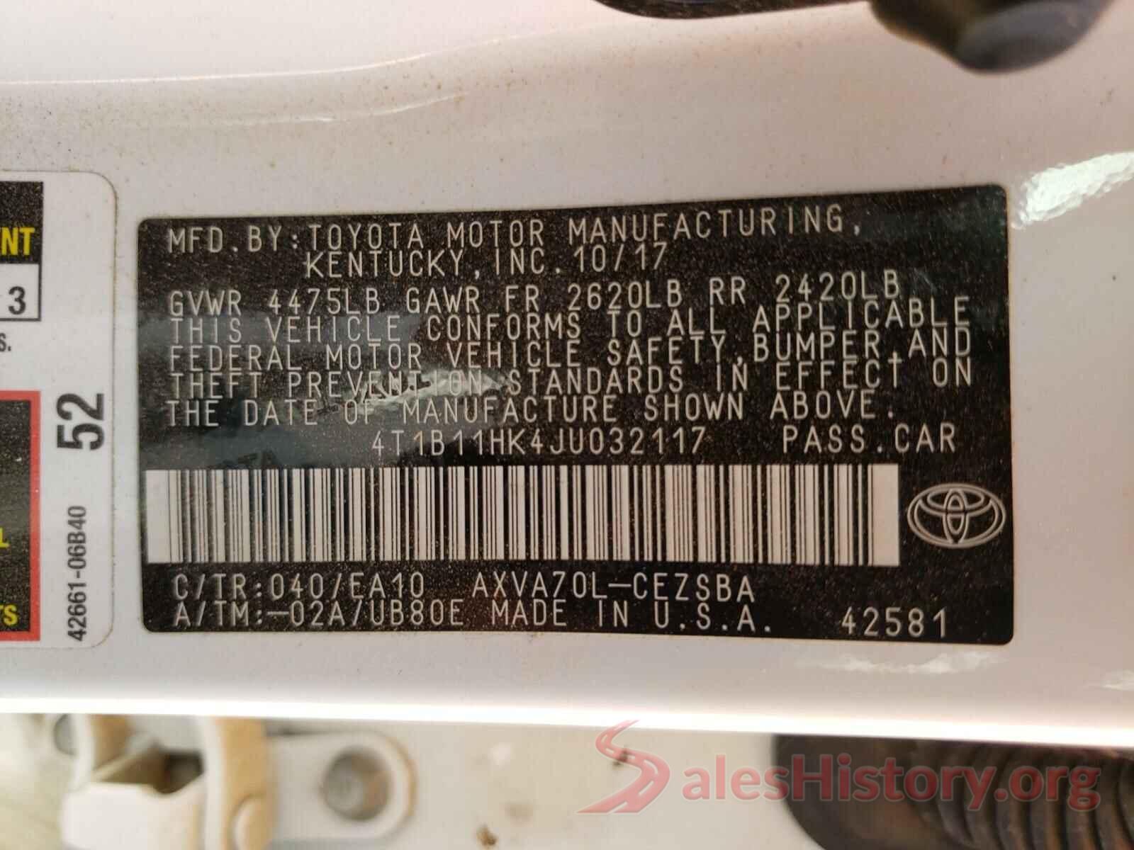 4T1B11HK4JU032117 2018 TOYOTA CAMRY